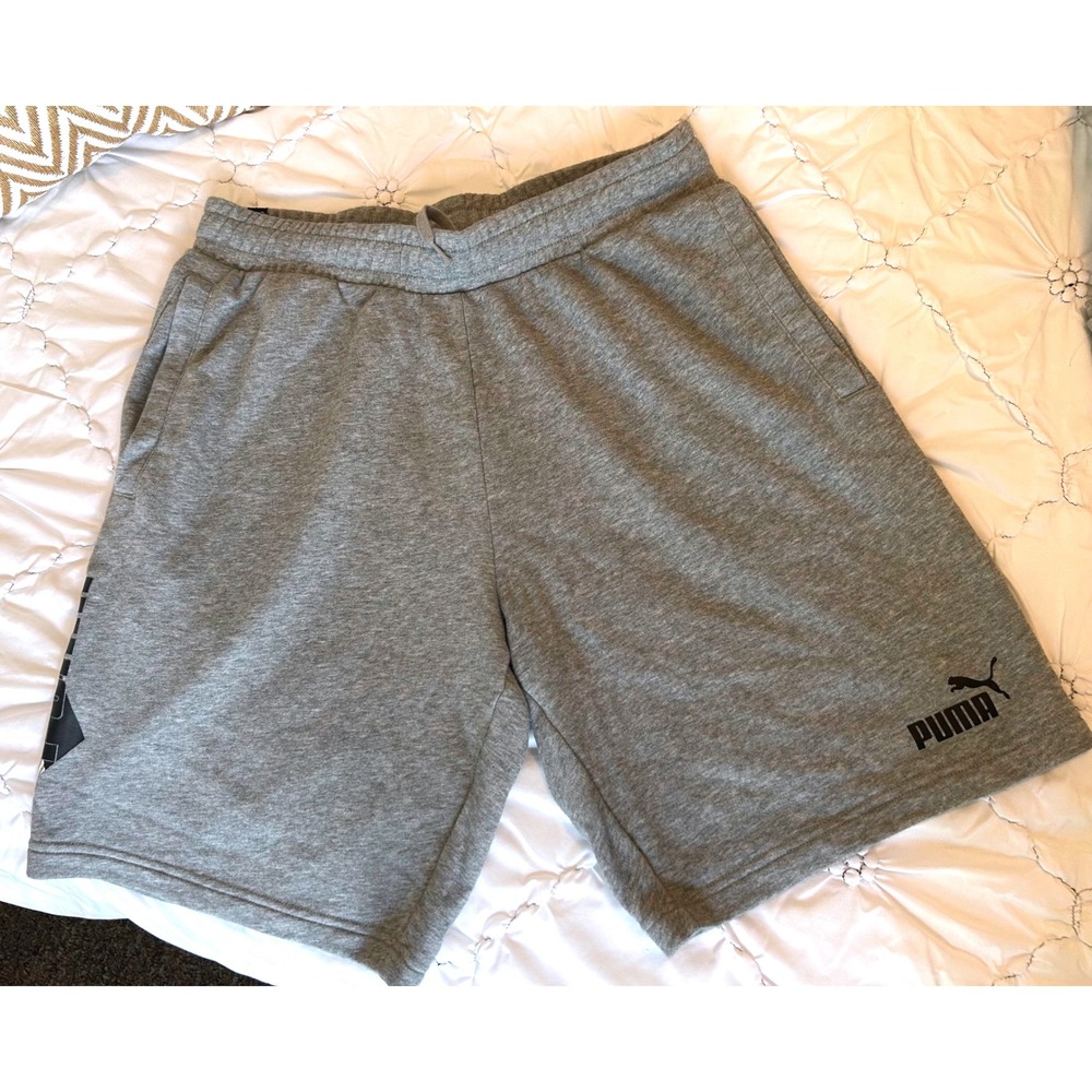 Puma Mens Gray Heather Fleece Shorts Logo Activewear Gym Casual Training